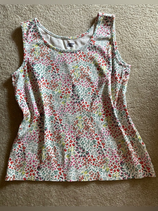 Lands' End Tops - Lands' End Floral Scoop Neck Tank Top - White with Pink, Red, Yellow, Green